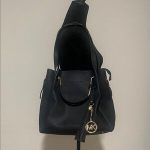 Michael Kors Black Pebbled Leather Tote with Gold MK Tassel
